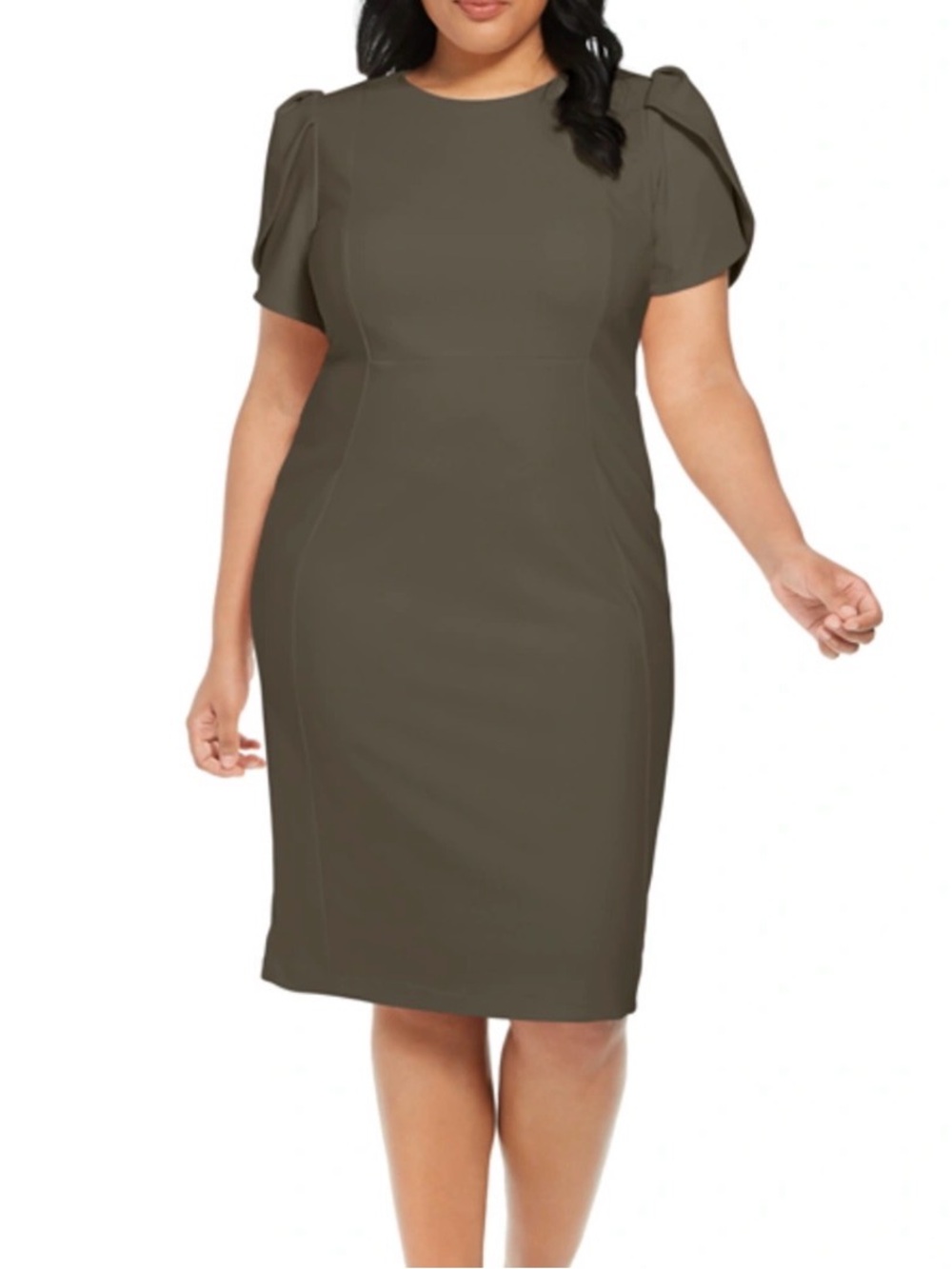 Calvin Klein Olive Green Midi Sheath Dress with Puff Sleeves